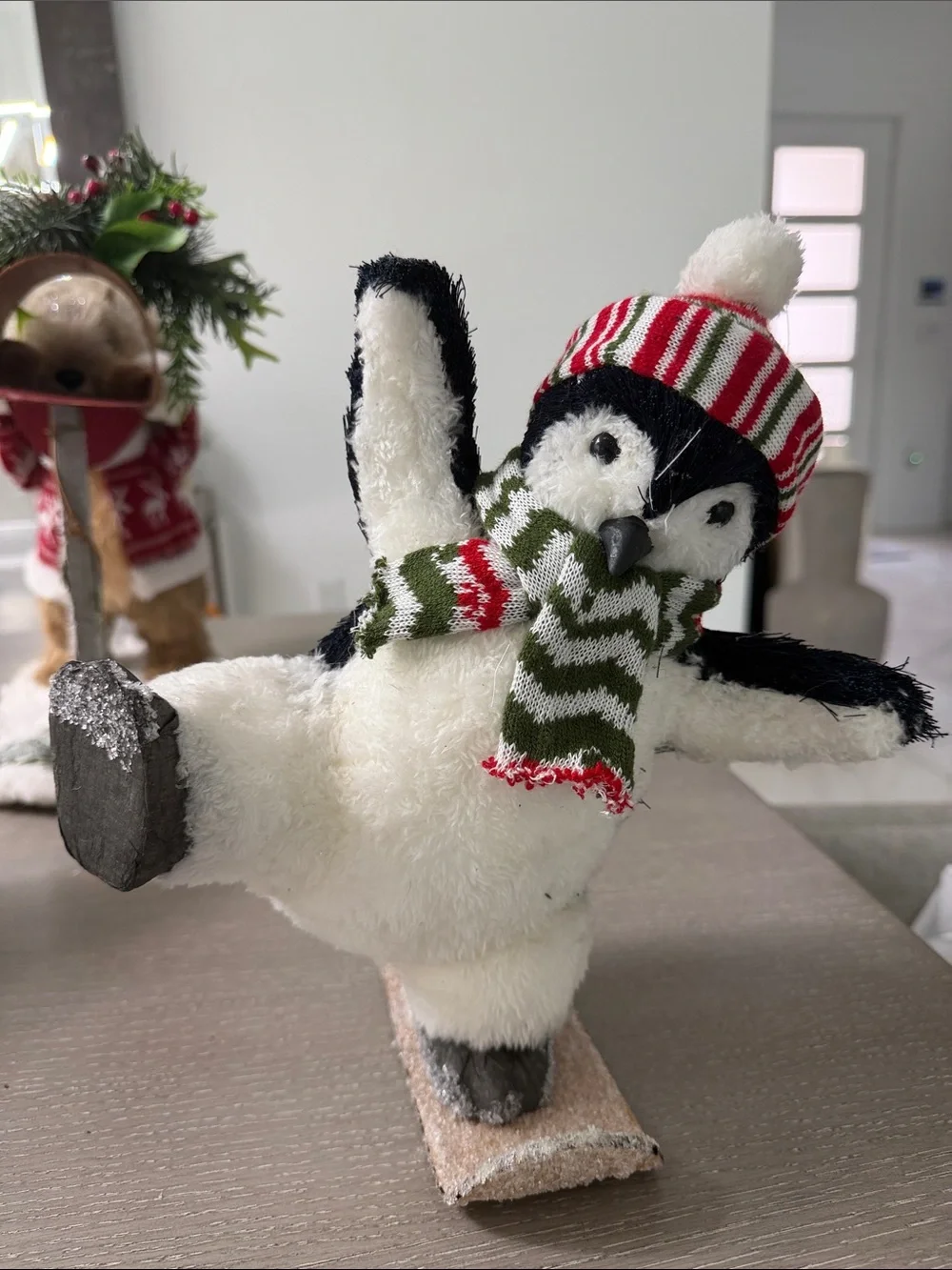 Pier 1 Imports Flocked Holiday Squirrel with Red Sweater. Snowman and Penguin.
